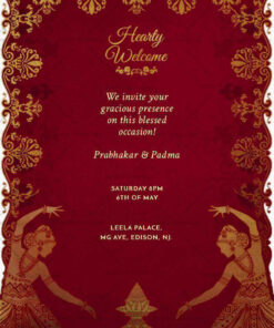 Traditional Red Theme Half Saree Function Invitation Card With Golden Text