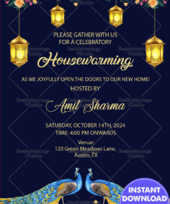 Persian Blue Theme Royal Peacock & Lanterns Housewarming Invitation Card