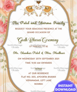 Cream And Orange Rose Floral Theme Godh Bharai Invitation Card