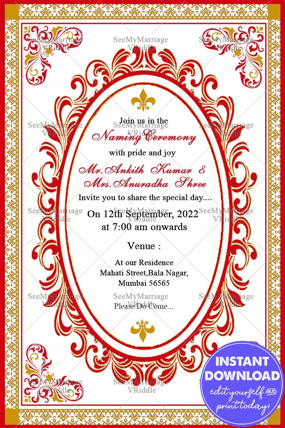Traditional Naming Ceremony Invitation Card With Red & Cream Theme
