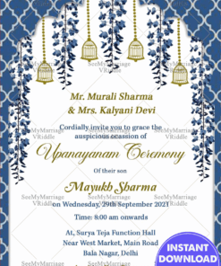 Blue Theme Upanayanam Ceremony Invitation Card Decorated With Hanging Bells And Florals