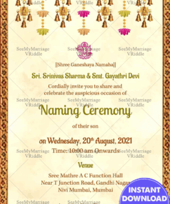 Cream And Golden Bordered Theme Naming Ceremony Invitation Card
