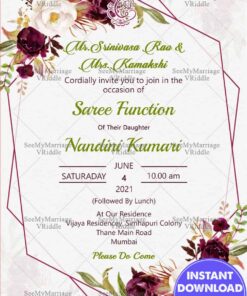 Dark Pink Floral Theme Halfsaree Invitation Card In White Background