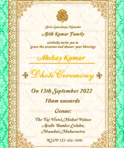 Traditional Dhoti Ceremony Invitation Card With Cream & Green Theme