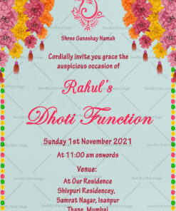 Traditional Sky Blue Theme Dhoti Ceremony Invitation Card With Hanging Marigold Flowers