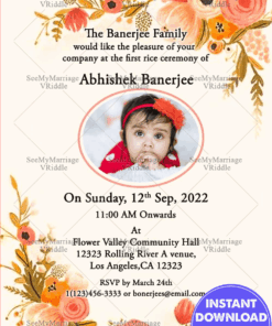 Floral Flowers Cream Theme Annaprashana Invitation Card