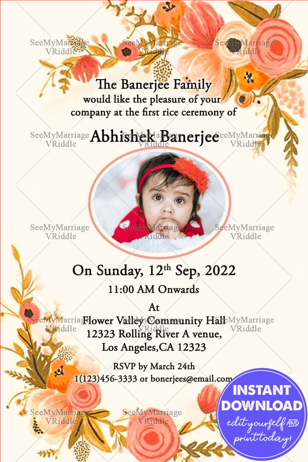 Floral Flowers Cream Theme Annaprashana Invitation Card