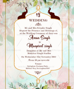 Royal Floral Flowers & Elephant Theme Punjabi Wedding Invitation Card