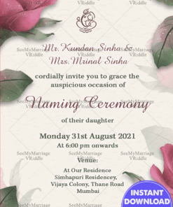 Green Leaf Theme Simple Naming Ceremony Invitation Card Decorated With Rose Flowers
