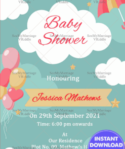 Green Theme Baby Shower Invitation Card Decorated With Rainbow And Umbrella