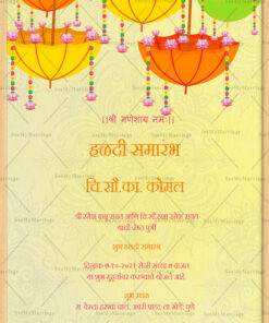 Yellow Theme Haldi Ceremony Invitation Card With Hanging Umbrellas And Florals