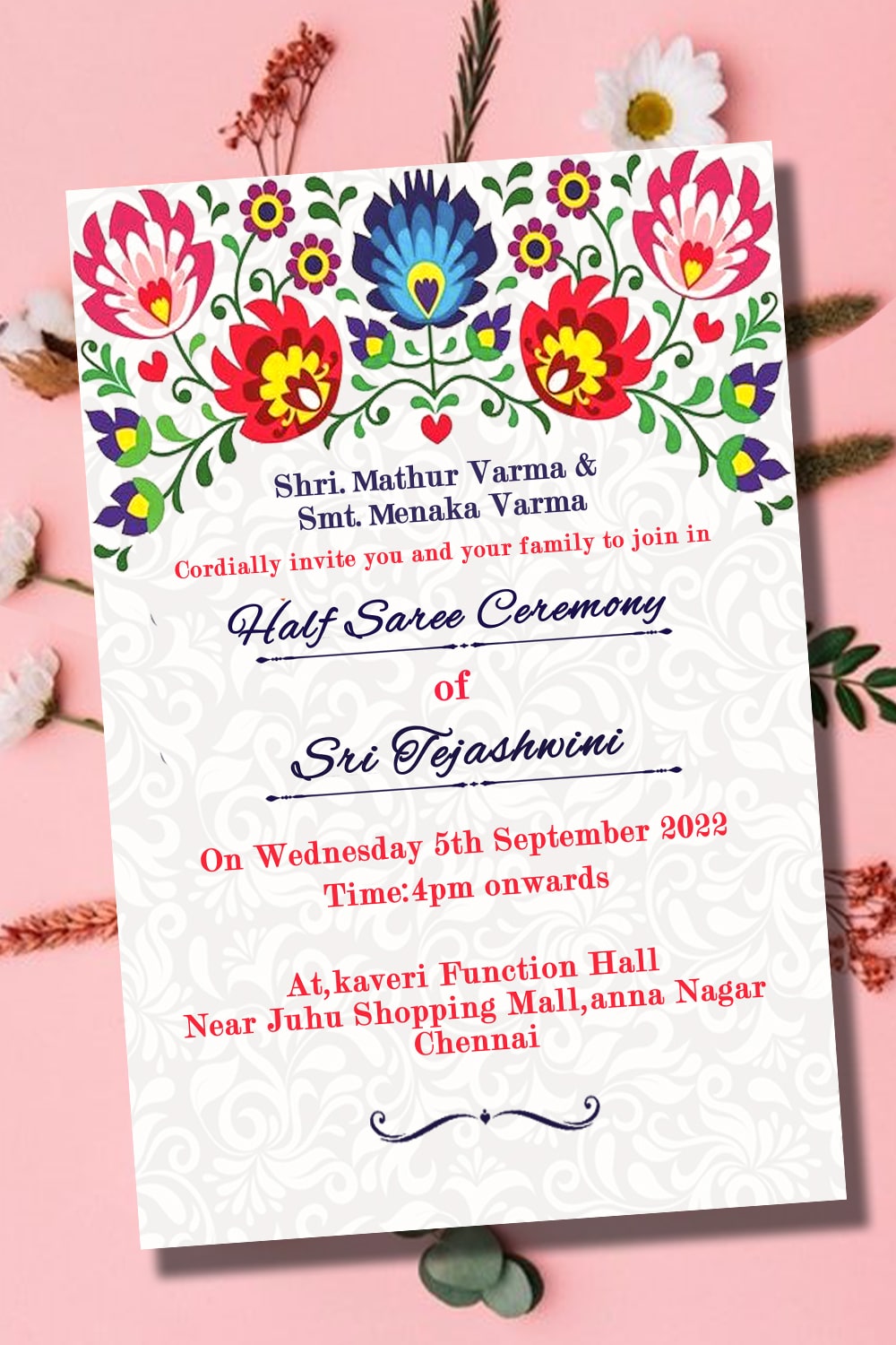 Halfsaree Invitation Card With Floral Design Theme - Image 2