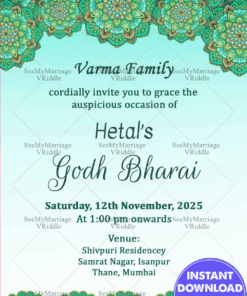 Light Mint Green Godh Bharai Invitation Card With Modern Mandala Design