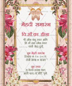 Pink Florals Theme Mehendi Invitation Card In Marati With Cream Background