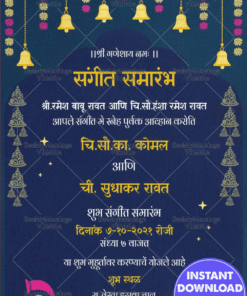 Navy Blue Theme Sangeet Invitation Card In Marati Decorated With Hanging Florals And Bells