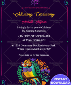 Perssian Blue & Birds Theme Naming Ceremony Invitation Card