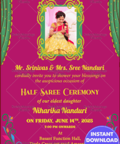 Pink Theme Royal Half Saree Function Invitation Card