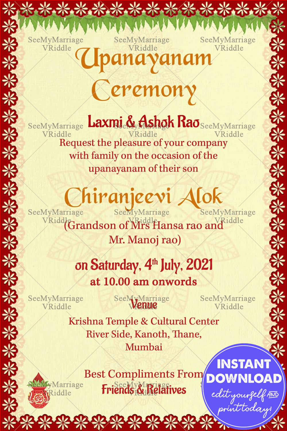 Red Floral Bordered Traditional Upanayanam Ceremony Invitation Card