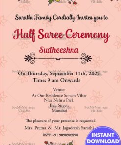 Simple Half Saree Invitation Card With Baby Pink Theme
