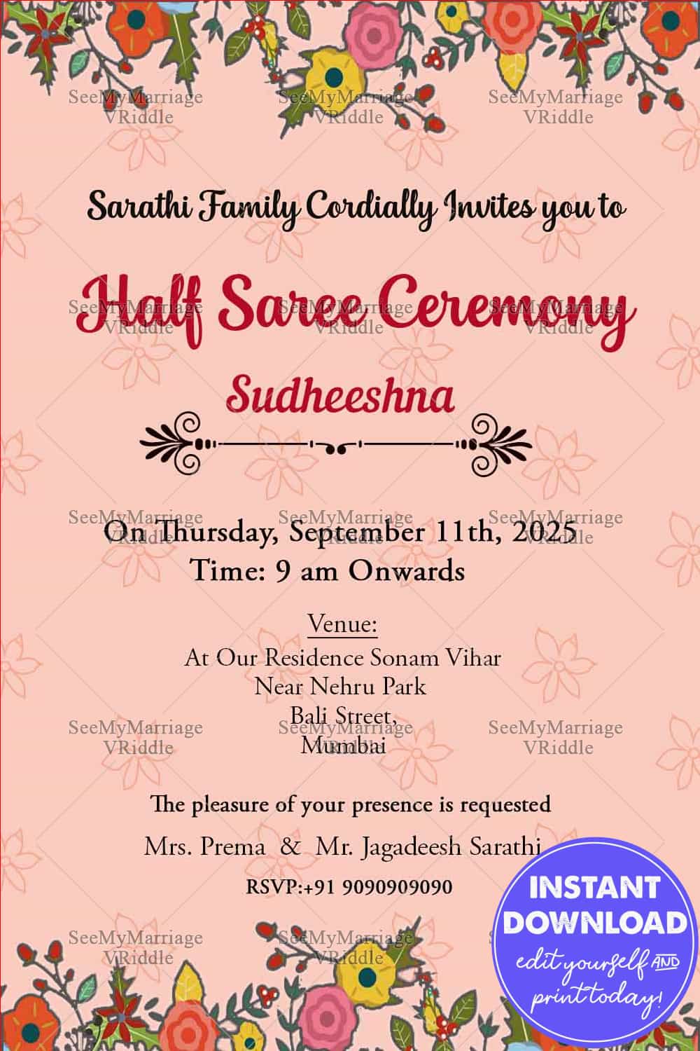 Simple Half Saree Invitation Card With Baby Pink Theme