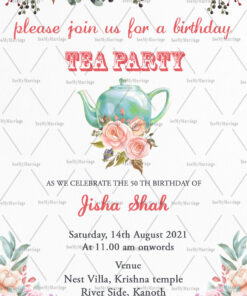 Floral Theme Kitty Party Invitation Card With Blue Tea Pot Illustration