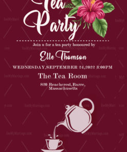 Kitty Tea Party Invitation Card With Maroon Theme