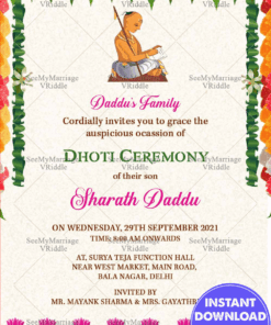 Traditional Cream Theme Dhoti Ceremony Invitation Card Decorated With Marigold Flowers And Mango Leafs