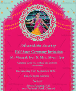 Traditional Half Saree Invitation Card With Pink & Skyblue Theme