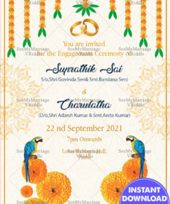 Traditional Marigold Floral Engagement Invitation Card With Parrots And Mandala Theme