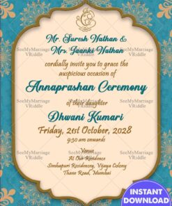 Traditional Vintage Theme Annaprasan Ceremony Card In Blue And Cream Theme