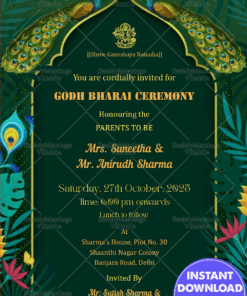 Vintage Green Peacock Theme Godh Bharai Invitation Card