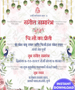 White Theme Sangeet Invitation Card Decorated With Hanging Florals And Peacocks