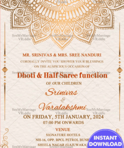 Vintage Cream Theme Dhoti Ceremony Invitation Card With Golden Mandala Designs