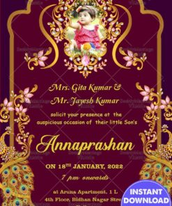 Blue Peacock Ornament Theme Annaprasan Invitation Card