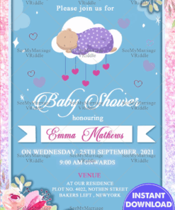 Light Sky Blue Theme Baby Shower Invitation Card With Cute Love Symbols