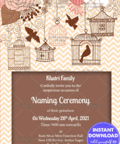 Brown Theme Naming Ceremony Invitation Card Decorated With Birds And Cages