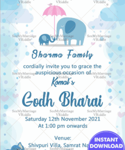 Cute Baby Elephant With Light Blue Sky Theme Godh Bharai Invitation Card