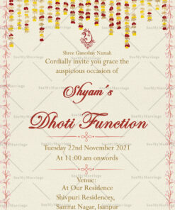 Traditional Cream Theme Dhoti Function Invitation Card With Hanging Flowers