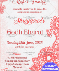 Floral Elements Mehndi Style With Red Theme Godh Bharai Invitation Card