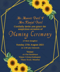 Sunflowers With Golden Frame Naming Ceremony Invitation Card Navy Theme
