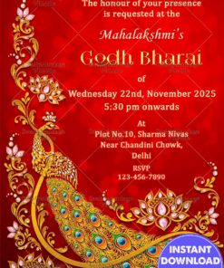 Royal Traditional Peacock and Red Theme Godh Bharai Invitation Card