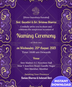 Simple Violet And Golden Theme Naming Ceremony Invitation Card
