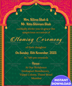Traditional Arc With Pink & Green Theme Naming Ceremony Invitation Card