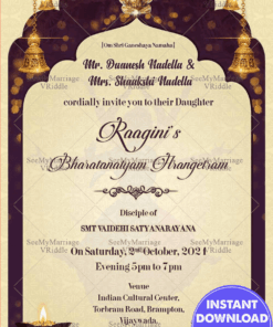 Arch Frame And Diya Arangetram Invitation Card With Burgundy Background Theme