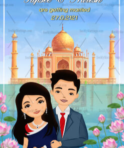 Royal Lotus & Taj Mahal Theme Wedding Invitation Card With Cute Couple
