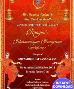Floral Frame And Mandala Design Arangetram Invitation Card With Red Background Theme