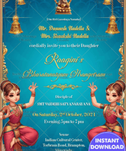Hanging Diya And Golden Frame Arangetram Invitation Card With Blue Theme