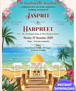 Pink Floral And Beach Theme Punjabi Wedding Invitation With Wooden Bridge