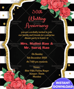 Pink Rose With Golden Glitter 50th Anniversary Invitation Card