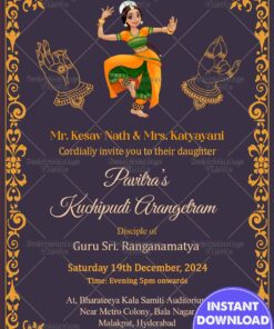 Purple Theme Golden Bordered Arangetram Invitation Card With Dancing Doll Illustrator